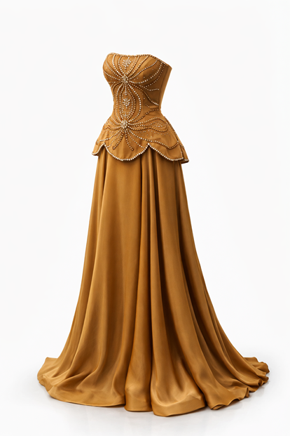 Coffee Strapless Embroidered Satin Evening Dress